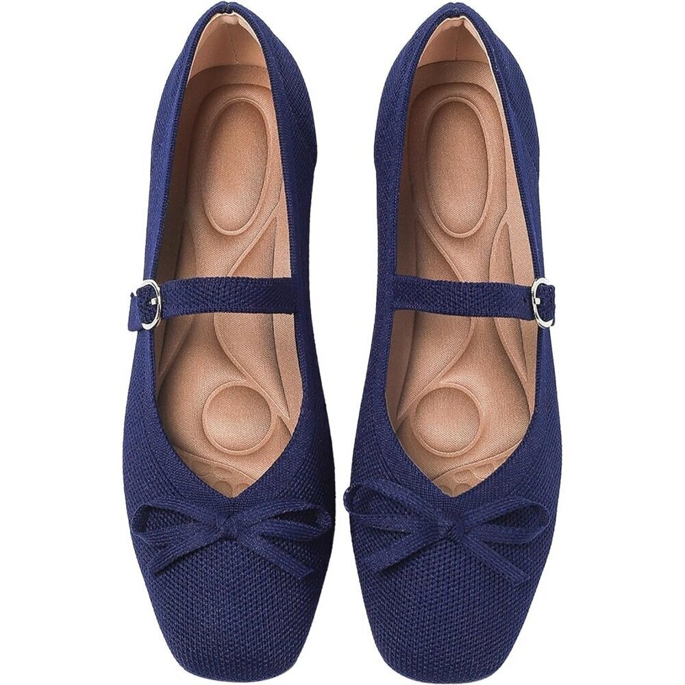 Women Dark Blue Fabric Upper And Rubber Sole Ballet Flats With Ankle Strap